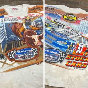 Vtg Nascar And Rodeo All Over Print T Shirt L Double Sided Distressed Stains